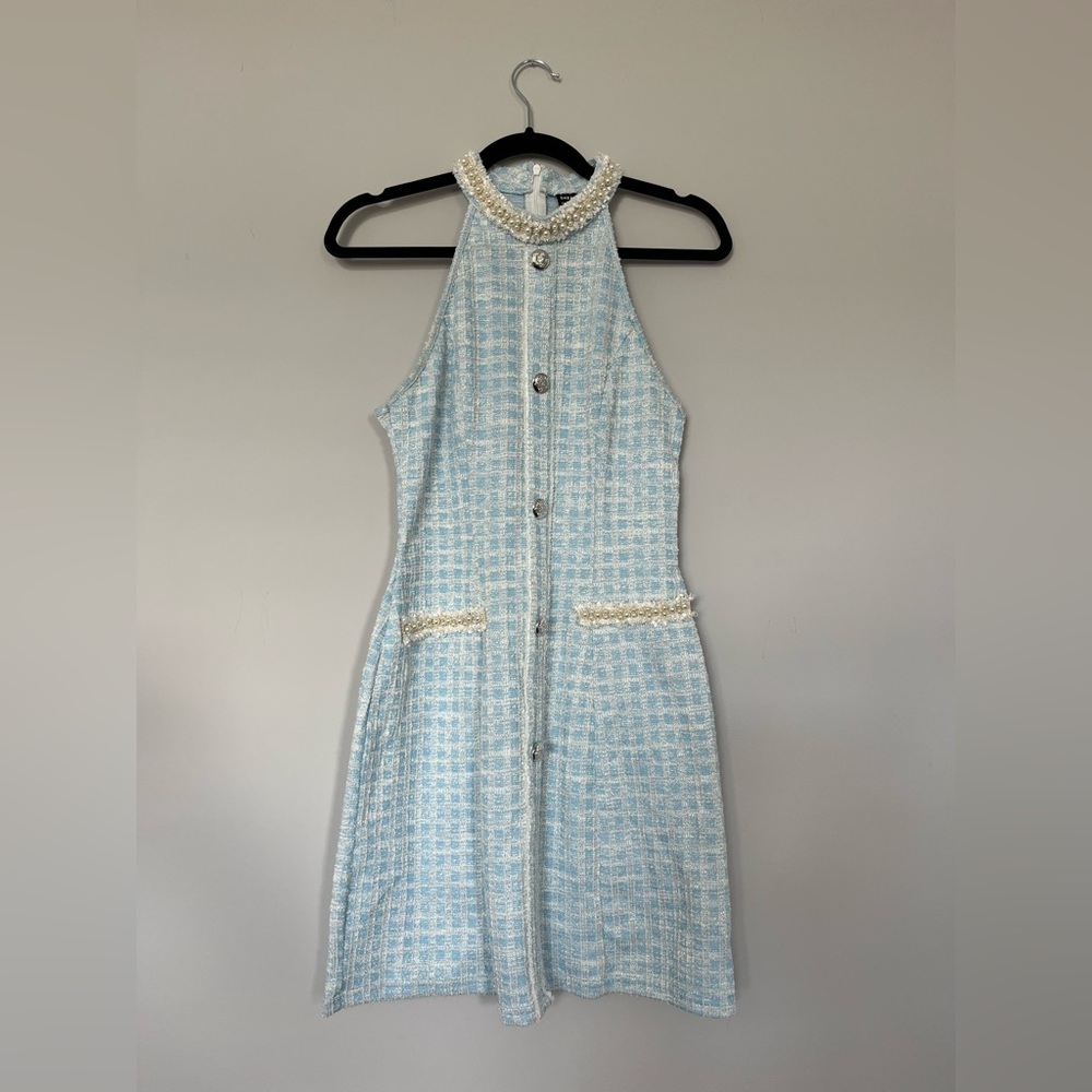 SHEIN Light Blue Women’s Thick Plaid Halter Neck Tweed Sleeveless Dress Size M